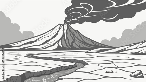 Volcano eruption landscape drawing with smoke and river illustration vector design graphic resource