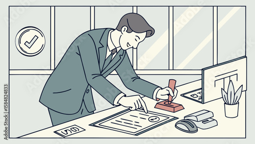 Businessman stamping approved document certificate in office for verification and authorization