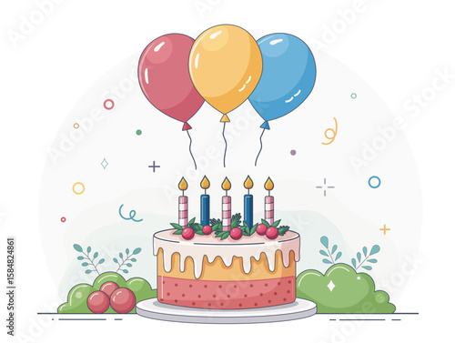 Colorful birthday cake with white cream, icing, five candles, three balloons, and foliage in cheerful style. Usage - postcards, posters, invitations, prints, books, design, websites, social networks
