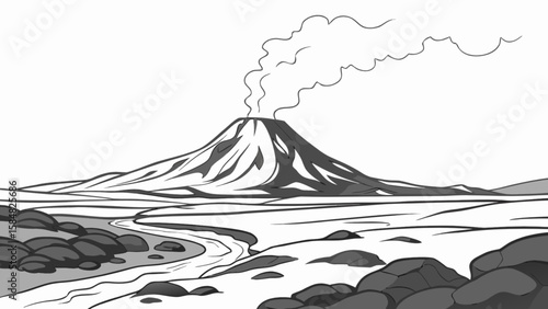Volcano landscape drawing with river and rocks in grayscale for nature and geology themed designs and illustrations