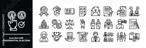 Set of Line Icons Depicting United States Presidential Election. Line art style icons bundle.
