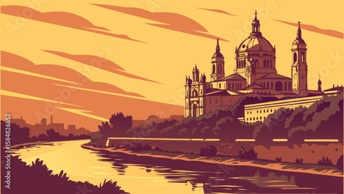 Cityscape sunset river view of zaragoza spain cathedral architecture travel destination landmark tourism art