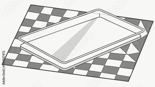 Vector Slightly translucent rectangular pane of glass rests checkered surface, creating modern