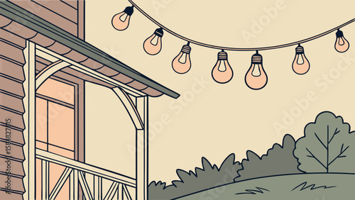 Vector Cozy scene featuring hanging light bulbs illuminating charming house and garden