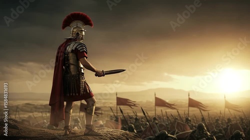 Ancient Roman warrior in full armor stands surveying his legion on a battlefield at sunset
