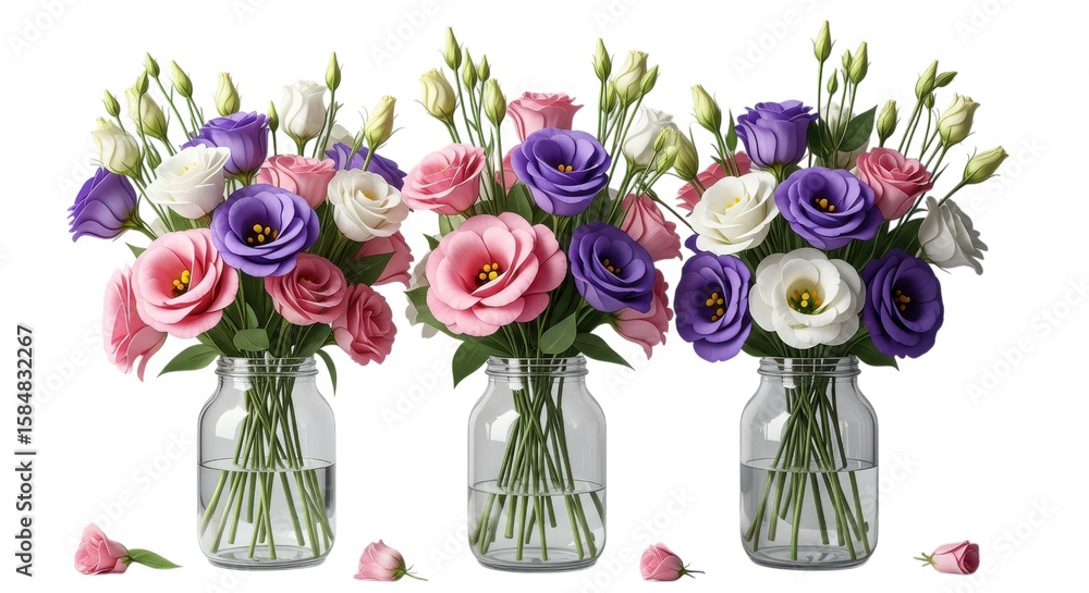 Obraz premium Exquisite bouquets featuring pink, purple, and white eustoma flowers elegantly arranged in clear glass jars against a sleek black backdrop, transparent background
