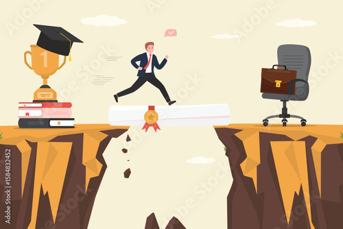 Confident student running on giant rolled diploma and overcome gap. Education and knowledge help young people success in search best job. Skills to succeed and overcome obstacles