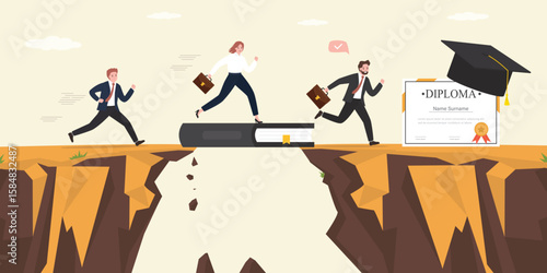 Group of students running on giant textbook and overcome gap. Best books to help business people success in education, knowledge