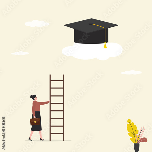 Unhappy woman with too short ladder to climb to reach high graduation hat on the cloud in sky. High education cost, expensive school or university cost,