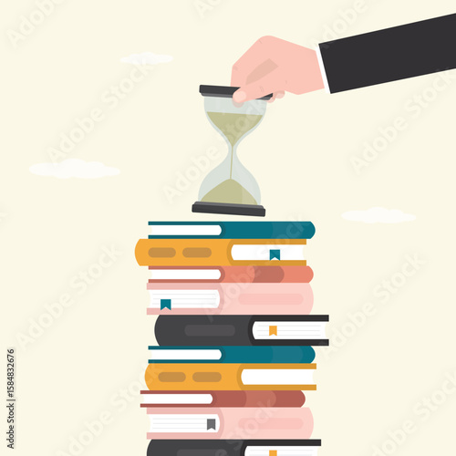 Long term learning. Businessman or student hand putting hourglass on stack of books. Master degree at university. Sandglass on textbooks. Education process. Skills improvement.