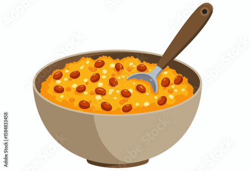 Bowl of creamy mashed potatoes with brown beans on white background  
