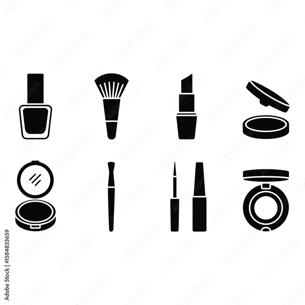 Fototapeta premium Collection of cosmetic makeup product icons silhouette isolated on white background