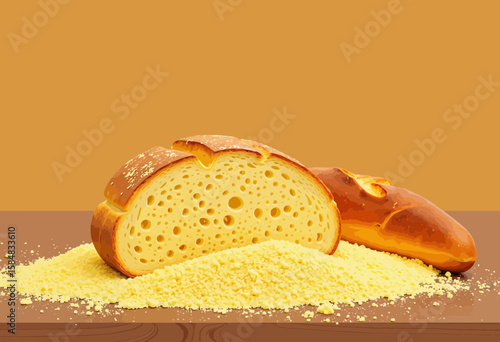 Freshly baked bread loaf with golden breadcrumbs on wooden table  