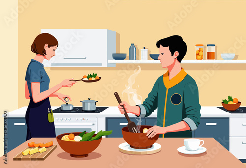 Young couple cooking together in modern kitchen with fresh ingredients  
