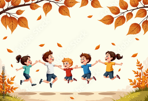 Children playing and laughing together in autumn leaves  
