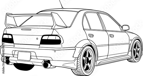 Line art vector illustration back view  JDM street car, jdm  car black and white	