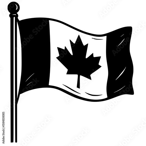 Iconic black silhouette Canadian flag with maple leaf, waving proudly on a flagpole. 