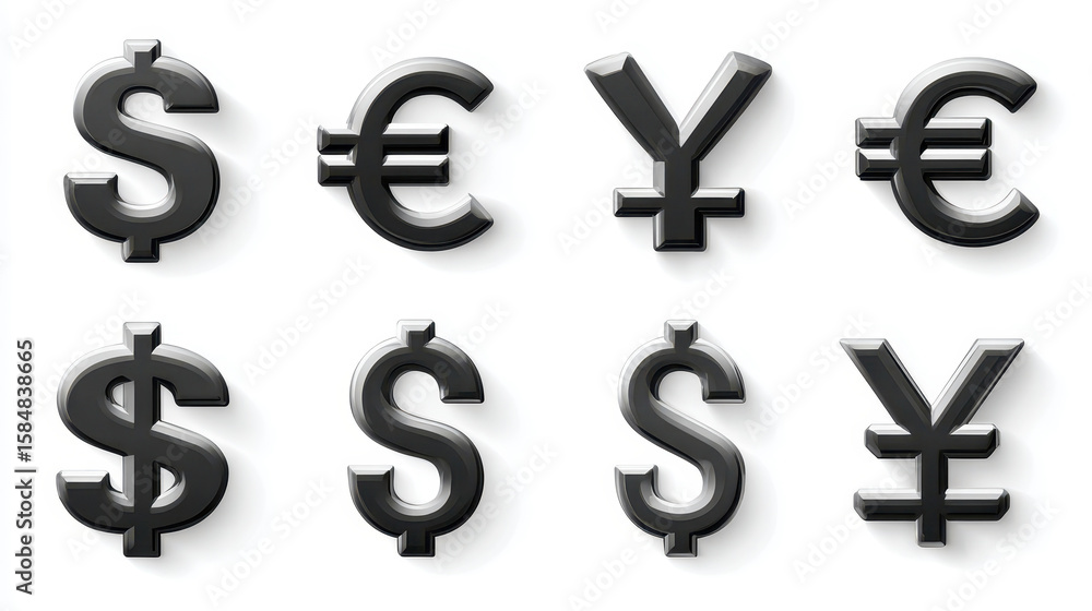 Obraz premium Set of black currency symbols displayed on a white background