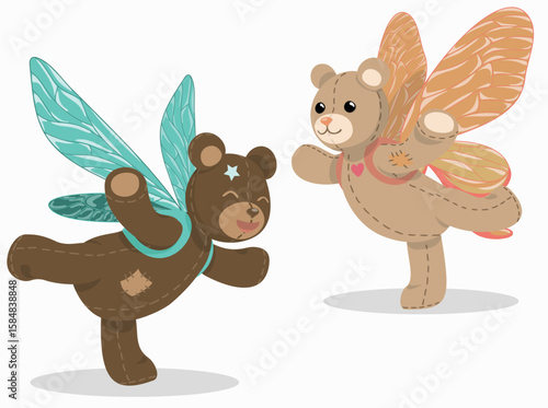 Vector illustration of rag bears with butterfly's and dragonfly's fake wings, alive cute baby's toys playing fun, isolated on white background.
