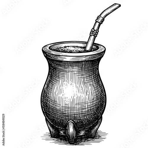 Yerba mate with straw in traditional gourd style illustration  