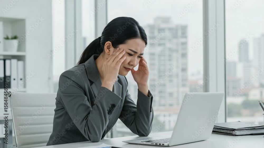 Stressed young Asian businesswoman suffering from a headache at her office desk. Overworked female employee feeling tired and frustrated from work pressure and burnout. Stressed young Asian businesswoman suffering from a headache at her office desk. Overworked female employee feeling tired and frustrated from work pressure and burnout.