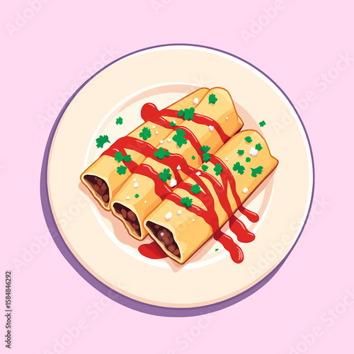 Three delicious enchiladas covered with red sauce and cilantro served on a white plate creating a tasty dinner