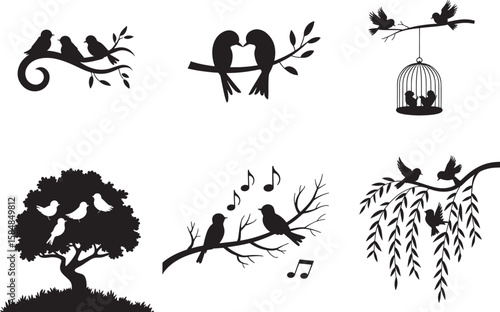 Whimsical Bird Silhouettes on Branches: Nature's Harmony in Black and White, Diverse Bird Motifs Depicting Love, Freedom, and Musical Expression