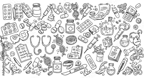 Hand-drawn medical and pharmaceutical doodle set on white: Healthcare supplies collection