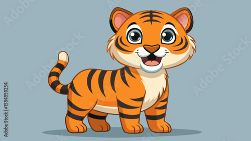 Cute orange striped tiger cartoon character isolated on white, a funny wild jungle cat illustration