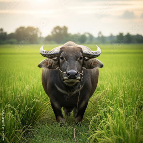 A water buffalo standing in a rice field, captured from the front.