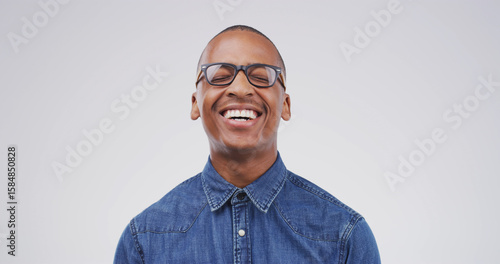 Photos Happy black man, studio and laughing at joke, comedy and excited isolated on white background