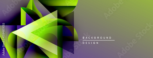 Abstract geometric shapes, vibrant green, purple hues. Modern design with gradient background, suitable for banners or presentations.