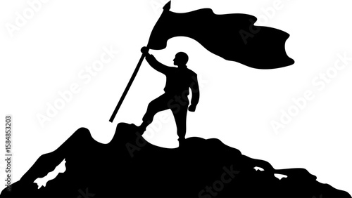 Silhouette of person on mountain peak holding flag symbolizing achievement and success in black and white