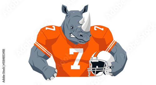A rhinoceros in a football uniform holding a helmet, a humorous sports illustration.