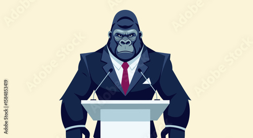 Powerful gorilla in suit delivers speech from podium.