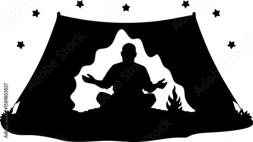 Silhouette of person meditating in tent with stars above and small fire in black and white style art