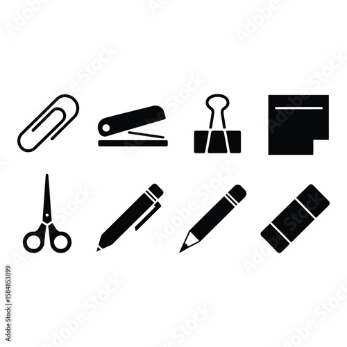 Collection of office supplies icons silhouette isolated on white background