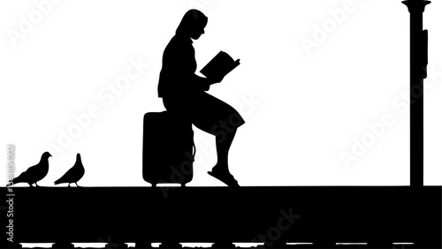 Silhouette of woman reading on suitcase with pigeons and lamp post at train station platform scene