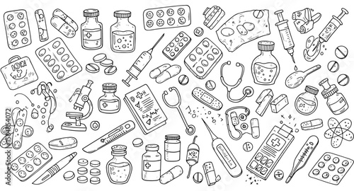 Diverse Medical Equipment and Medicine Supplies Doodle Art Collection