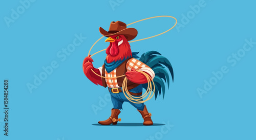 Cartoon rooster in cowboy attire, roping with lasso.
