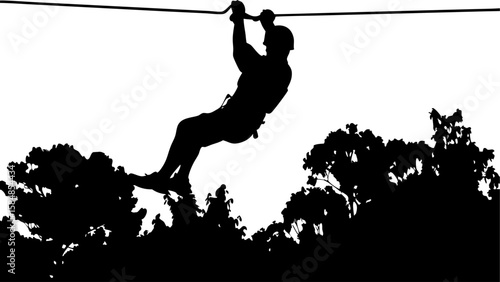 Silhouette of a person ziplining through trees with safety gear and helmet on a white background scene