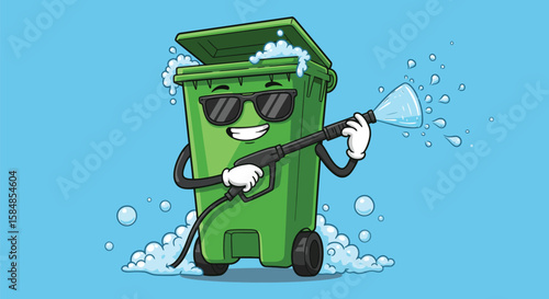 Happy Recycle Bin Cartoon Being Washed with a Pressure Washer