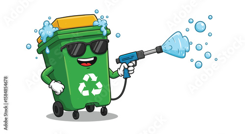 Happy Recycle Bin Cartoon Being Washed with a Pressure Washer