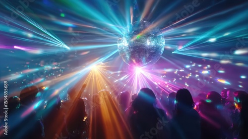 Silhouettes of people dancing under a spinning disco ball environment
