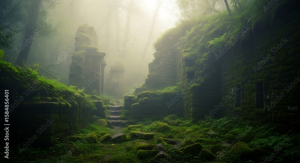 Naklejka premium Moss-covered stone ruins nestled within a misty forest, with steps leading towards a crumbling archway in a serene, overgrown landscape.