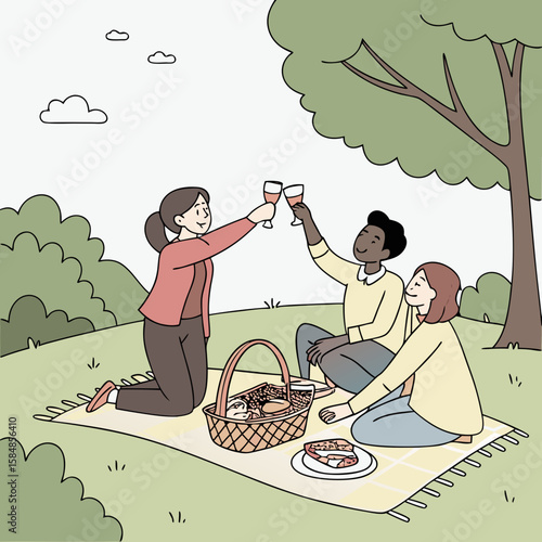 Three friends enjoying a picnic with wine under a tree on a blanket in a park on a sunny day together