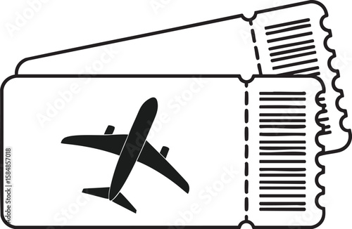 Two black and white airplane tickets with a silhouette of an airplane