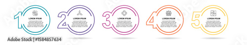 Business process circles, 5 step timeline, linear infographic, management flow, strategy presentation, numbered options