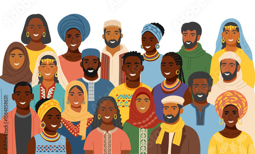 Africa ethnicities people. Portraits of men and women of different Africa nationalities. Concept of equality, diversity, inclusion. Vector background in flat style.