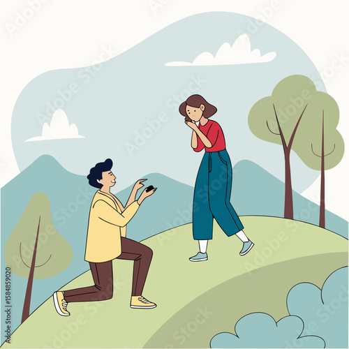 Man proposing to a woman with a ring on a grassy hill with trees and mountains in the background scene outdoors